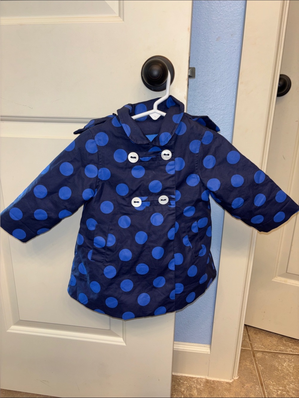 Jacadi Navy Coat with Bright Blue Polka Dots coated canvas lined 12 mos